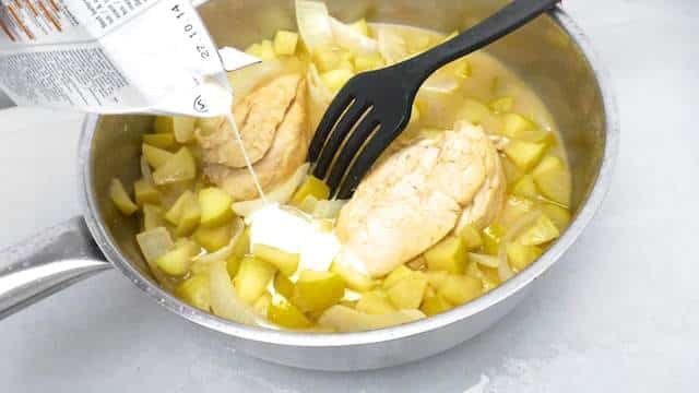 French apple cider chicken: this one is a great chicken dinner. How I like the fresh apple flavor and the calvados in this cream sauce.