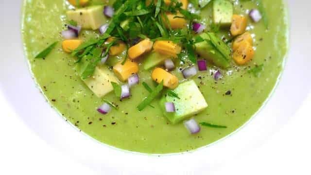 My chilled cilantro, sweet corn and avocado soup: call it a green gazpacho or a cold appetizer soup... Very easy to make in advance!