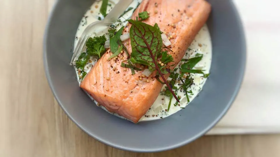 Pan fried salmon steaks in a creamy fresh sorrel, mustard and white wine sauce... this sorrel recipe is an old family classic!