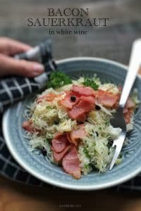 Easy Sauerkraut with Bacon Recipe Sauerkraut with bacon smothered in white wine... This is such a fresh and tasty side dish for pork or poached salmon steaks!