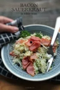 Sauerkraut with bacon smothered in white wine... This is such a fresh and tasty side dish for pork or poached salmon steaks!