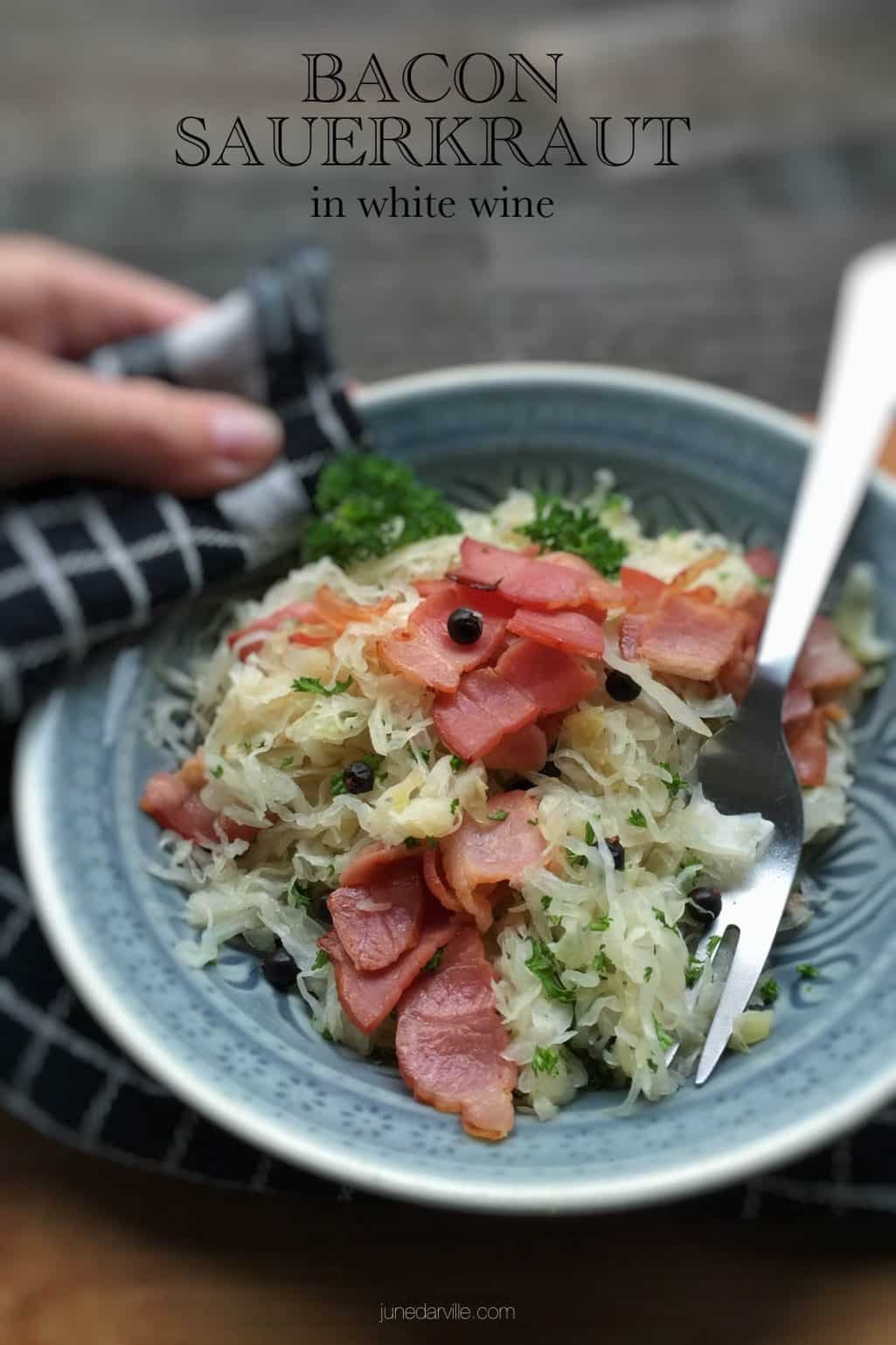 Sauerkraut with bacon smothered in white wine... This is such a fresh and tasty side dish for pork or poached salmon steaks!
