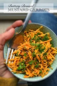 A bowlful of hot buttery braised mustard carrots! Serve these carrots warm as a spicy side dish or cold as a tasty lunch salad...