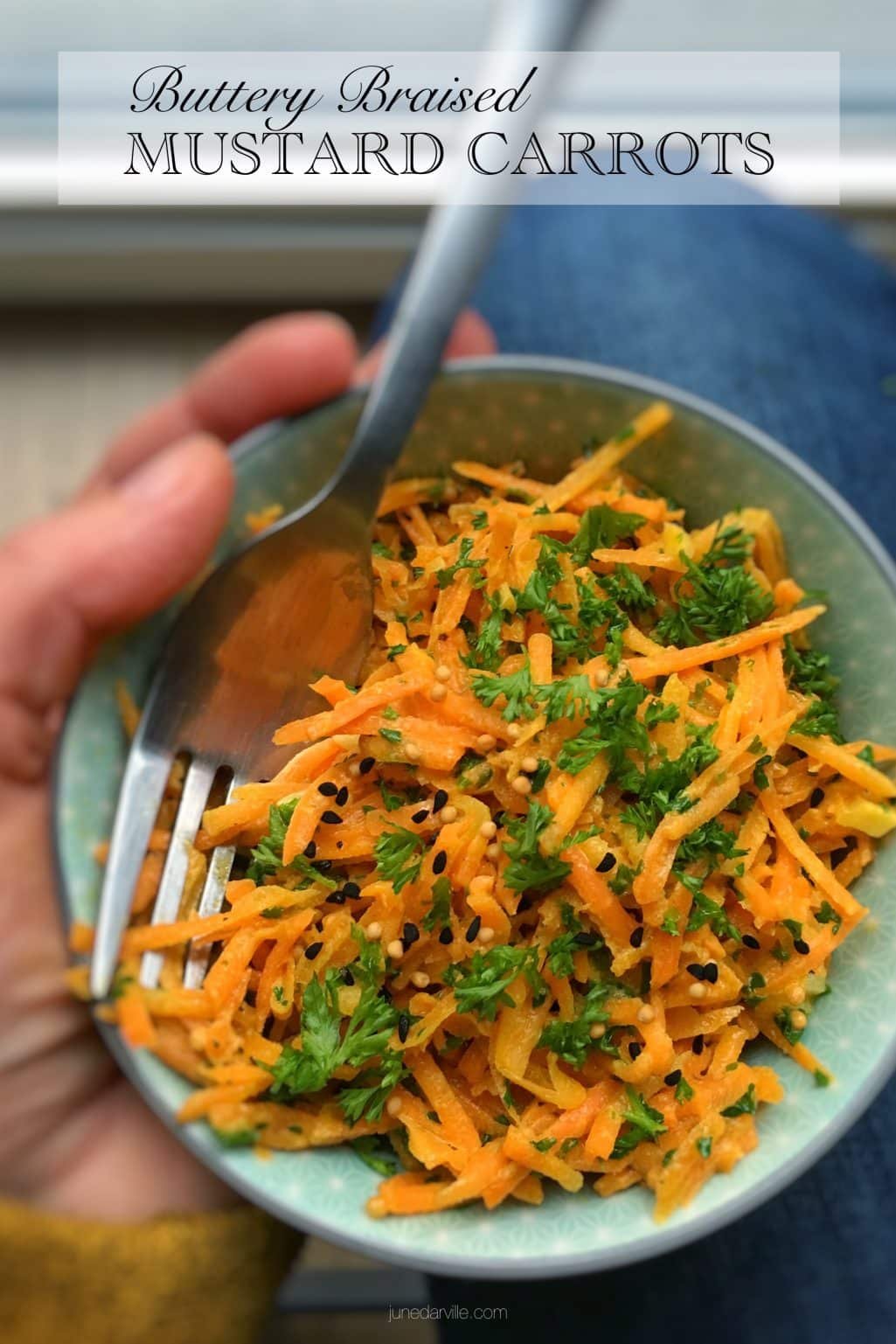 A bowlful of hot buttery braised mustard carrots! Serve these carrots warm as a spicy side dish or cold as a tasty lunch salad...