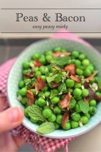 Easy Minty Peas And Bacon Salad Sweet green peas, salty crisp bacon, crunchy onion and fresh mint leaves... This peas and bacon salad is a great side dish for steak!