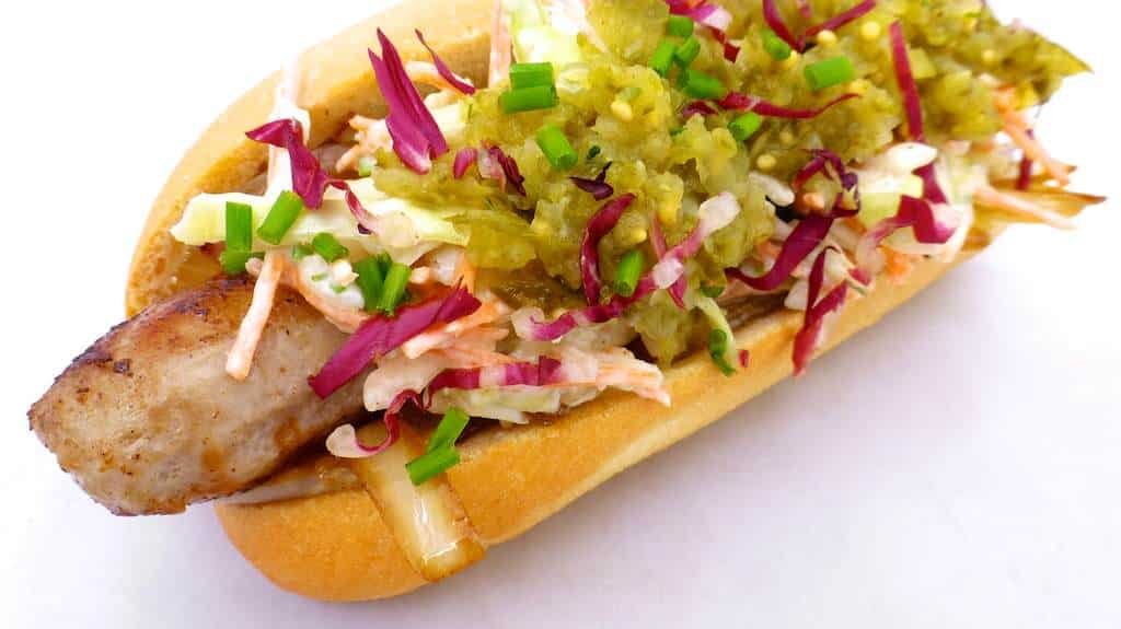 My own classic hot dog recipe with sweet and salty caramelized onions, creamy coleslaw and a homemade 5-minute sweet pickle relish!