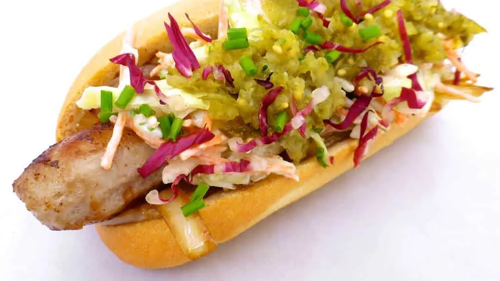 My own classic hot dog recipe with sweet and salty caramelized onions, creamy coleslaw and a homemade 5-minute sweet pickle relish!