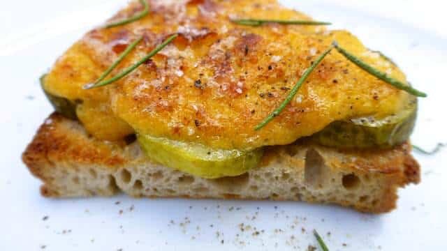 Classic Irish rarebit, a traditional cheesy toast with Irish ale, strong cheddar cheese and pickled gherkins... Delicious!