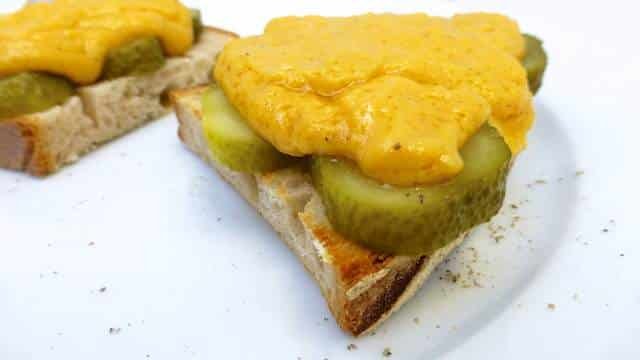 Classic Irish rarebit, a traditional cheesy toast with Irish ale, strong cheddar cheese and pickled gherkins... Delicious!