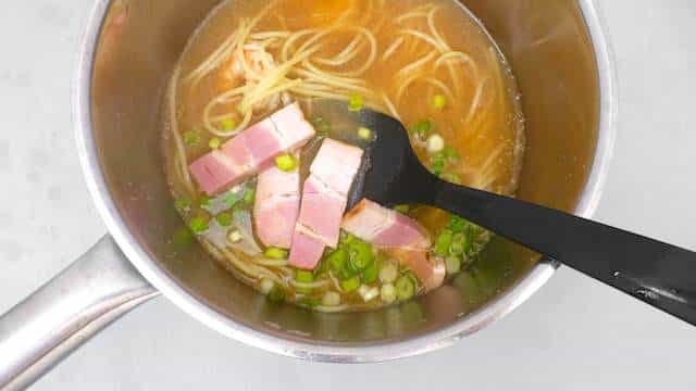 Prawn miso soup with noodles, spring onion and pork belly! What a savory Japanese style lunch... God, there's so much to do with miso paste!