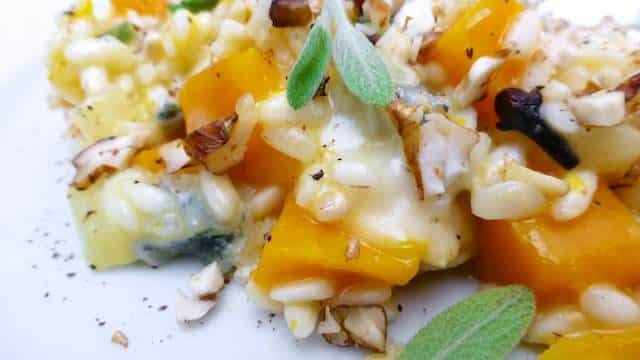 Easy Pumpkin Risotto with Blue Cheese Pumpkin risotto with gorgonzola, sage, walnuts and cloves. Sure you can't say no to that! Sounds like one hell of a hearty autumn risotto recipe to me.