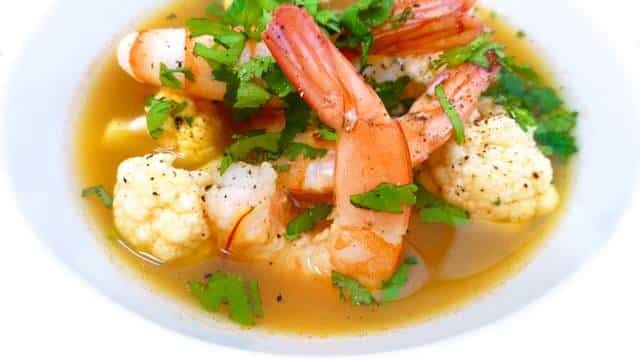 Easy Saffron Shrimp Soup Recipe with Cauliflower Here is a flavorful shrimp soup recipe with saffron and crunchy cauliflower florets in a delicious homemade shrimp stock...