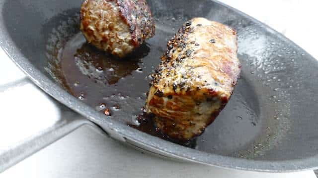 Classic steak au poivre: prepared my style with crushed black peppercorns, balsamic vinegar and worcester sauce... Delicious!