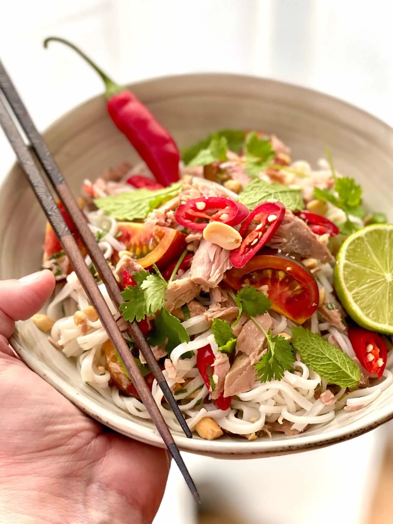 Easy Thai Tuna Noodle Salad Recipe A fresh and easy Thai style tuna noodle salad: a chunky noodle salad with canned tuna, fresh cilantro and cherry tomatoes!