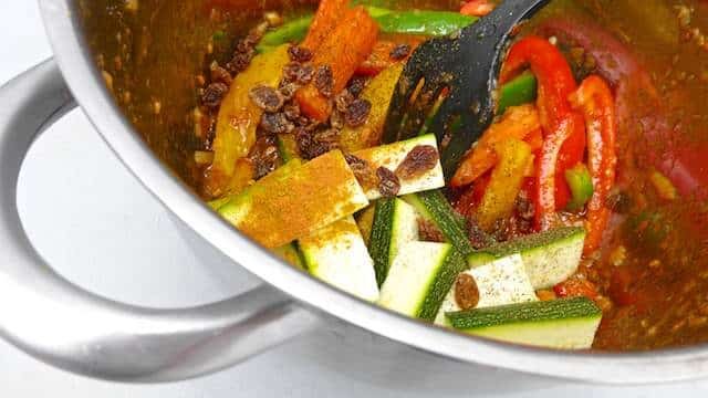 Vegetable couscous, a Moroccan flavored mix of crunchy colorful vegetables and couscous! Great with a roasted leg of lamb!