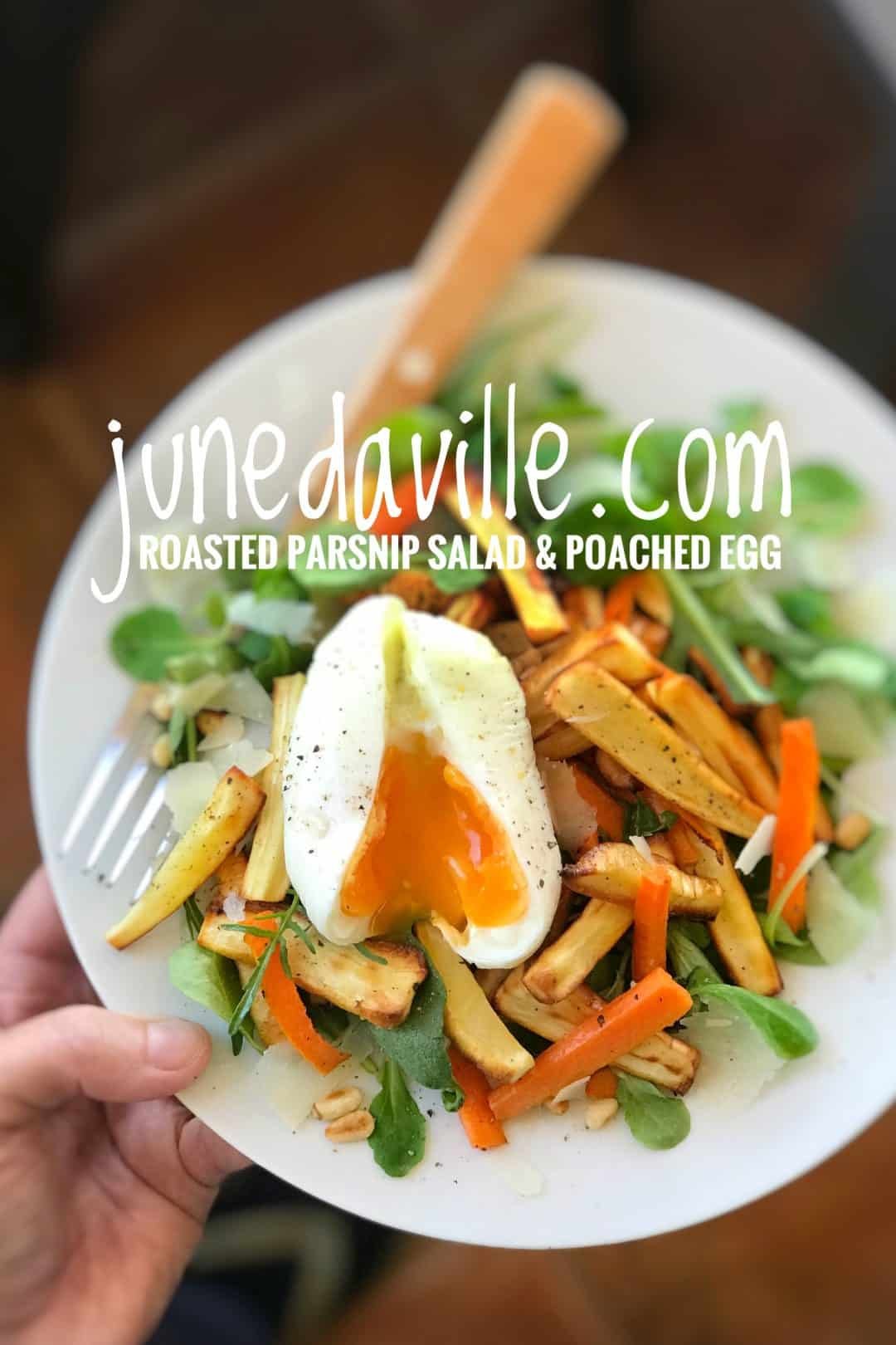 My roasted carrot and parsnip salad with a creamy poached eggs on top, garnished with pine nuts and shaved parmesan cheese... the perfect winter salad!