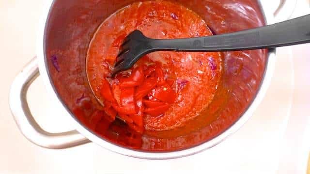 Delicious bacalao a la Vizcaina or Basque style salt cod steaks simmered in a rich piquillo pepper and tomato sauce! To die for...