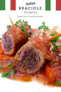Easy Beef Braciole di Manzo Braciole di manzo, juicy Italian stuffed beef rolls with olives, eggs, ham and basil! Braised in a chunky tomato sauce...