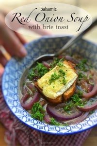 Best Red Onion Soup Recipe with Brie You will love this sweet and subtle red onion soup recipe! Sliced red onions in a simple broth, topped with grilled brie toast!