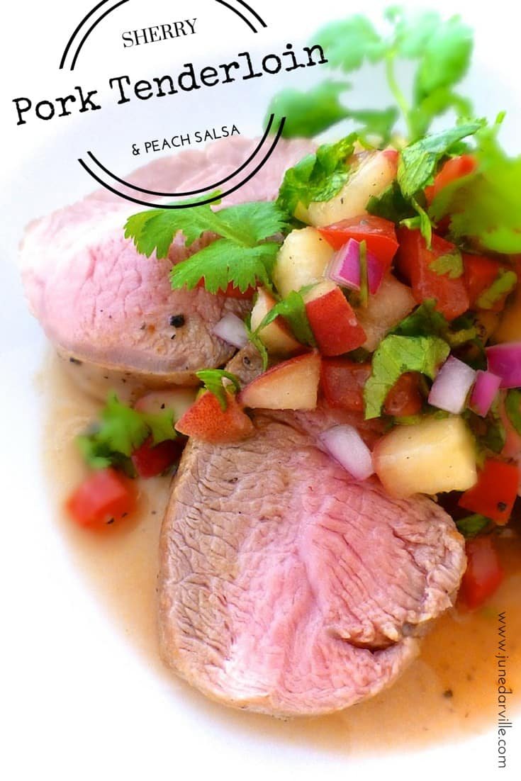 Juicy pink pork in sherry topped with an ice cold refreshing peach, tomato and cilantro salsa... you will love this pork tenderloin with peach salsa!