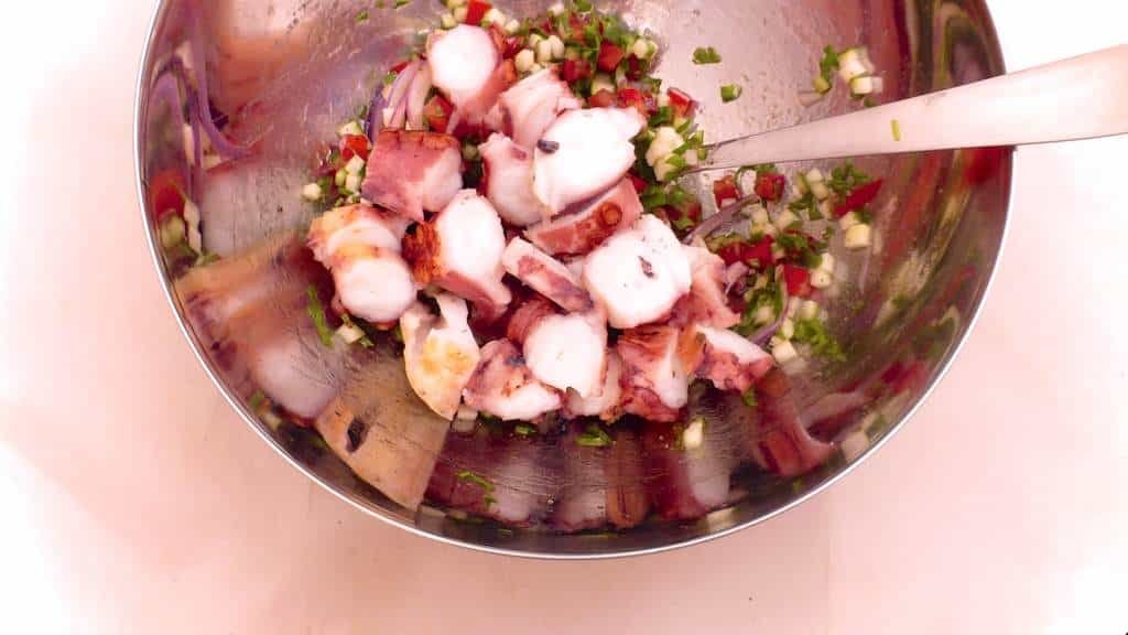 Salpicon de pulpo, a fresh Spanish salad with octopus, vegetables and red wine vinegar! Serve it as lunch, appetizer or a seafood salad!