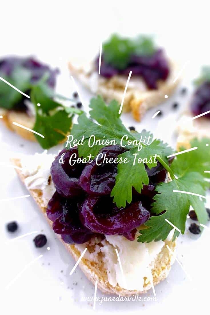 This sweet red onion confit with red wine tastes great with goat cheese and in combination with foie gras or smoked duck!