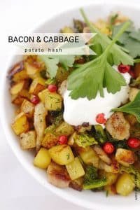 Easy Cabbage & Potato Hash My baked potato hash with bacon, green cabbage and sour cream... This sounds like a pretty breakfast lunch, right? I love it!