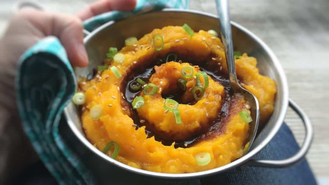 Creamy pumpkin puree recipe with red miso, a surprising flavor match! This pumpkin mash is a great side dish for steaks or lamb!