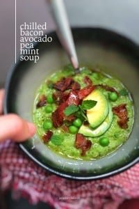 Sweet green peas, creamy avocado, fresh mint and crumbled crispy salty bacon... the flavors in this creamy chilled pea soup just rock!