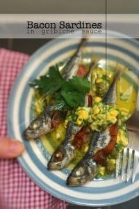 Easy Bacon Sardines & Sauce Gribiche My roasted easy bacon sardines topped with a crumbly egg gribiche sauce… What a great fish lunch with a classic French twist!
