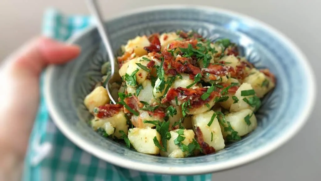 My classic German potato salad recipe... a delicious easy side dish recipe with bacon and potatoes, perfect for grilled fish or pork!
