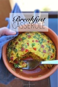 Easy Breakfast Casserole Recipe A thick oven baked omelet with bacon, grated cheese and colorful vegetables: this breakfast casserole is a great way to use leftovers!