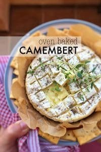 Easy Gooey Oven Baked Camembert This baked camembert is a classic appetizer, or serve it for lunch with some freshly grilled French bread! I can't get enough of this gooey stuff...