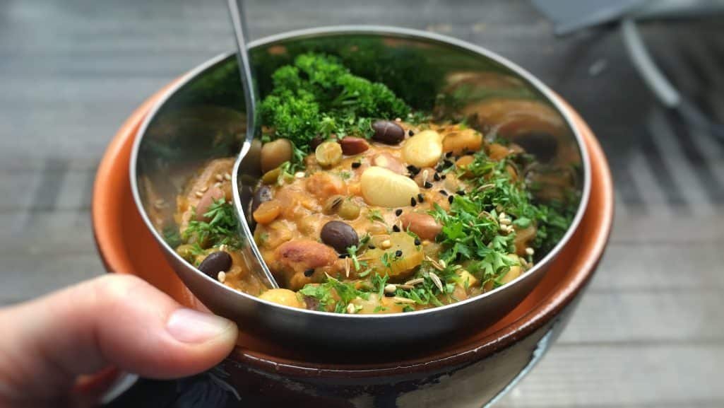 I used a bunch of Indian spices here in combination with dried beans, tomatoes and yogurt... this mixed bean stew is deliciously spicy and creamy!