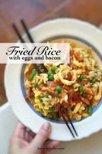 Classic eggs and bacon fried rice with soy sauce, ginger and peas... An easy peasy lunch and a great way to use that leftover cooked rice!