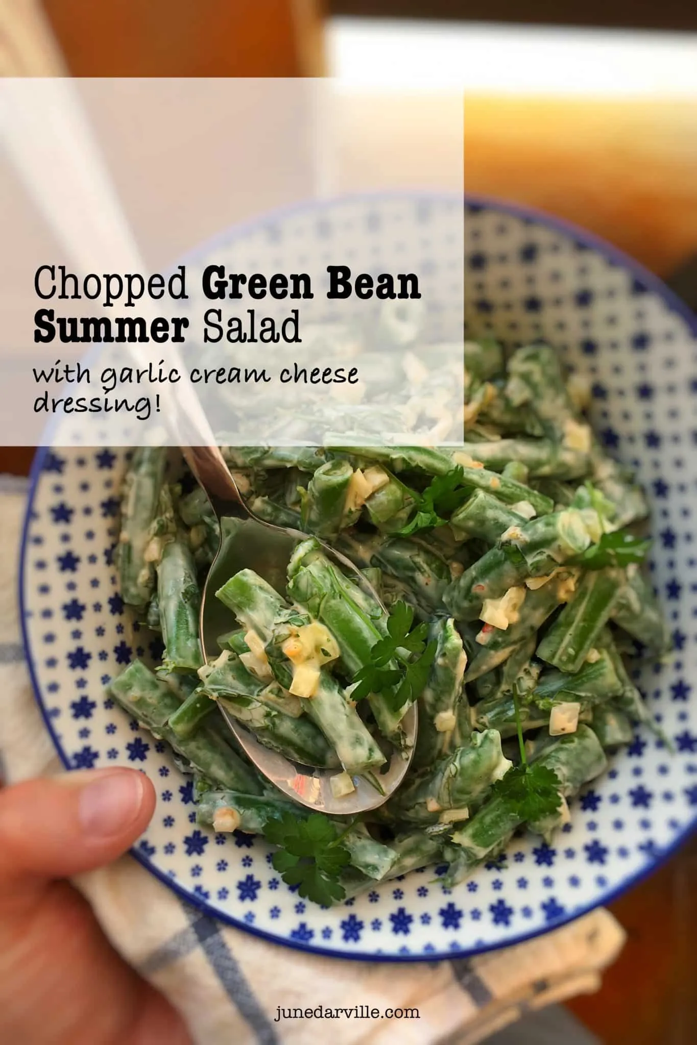 Easy Green Bean Salad & Cream Cheese Dressing It's BBQ time! This chopped green bean salad in garlic cream cheese dressing is the perfect match for grilled steak or wings!
