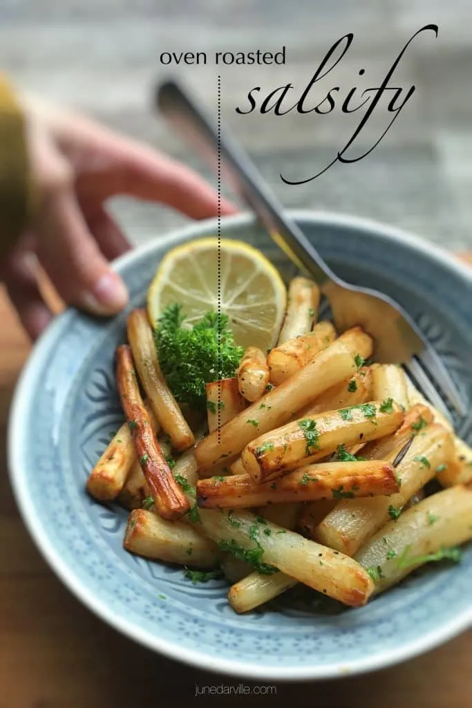 Home Here's my favorite winter vegetable recipe: golden oven baked salsify in white wine and lemon juice! Have you roasted salsify before?