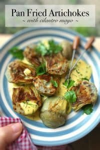 Easy Pan Fried Artichokes & Cilantro Mayo Looking for a yummy appetizer bite or a super savory side dish? You will just adore these fried artichokes in homemade cilantro mayo!