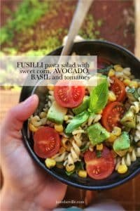 Leftover cooked fusilli pasta from last night's dinner? Makes a great fusilli pasta salad for lunch with tomatoes, basil and avocado!