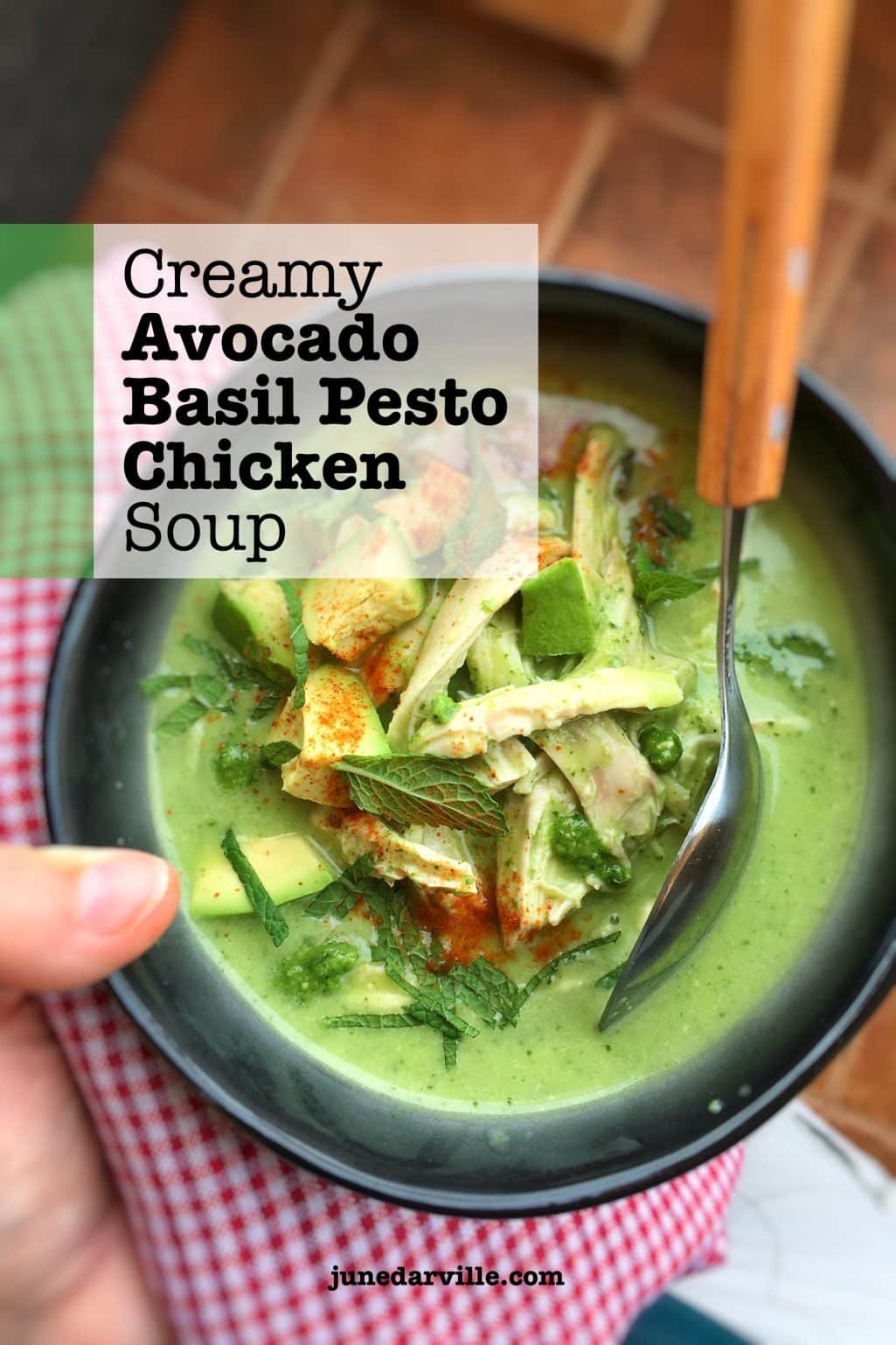 The flavors in this pesto chicken soup are spot on... love the match between the creamy avocado and the stronger basil pesto!