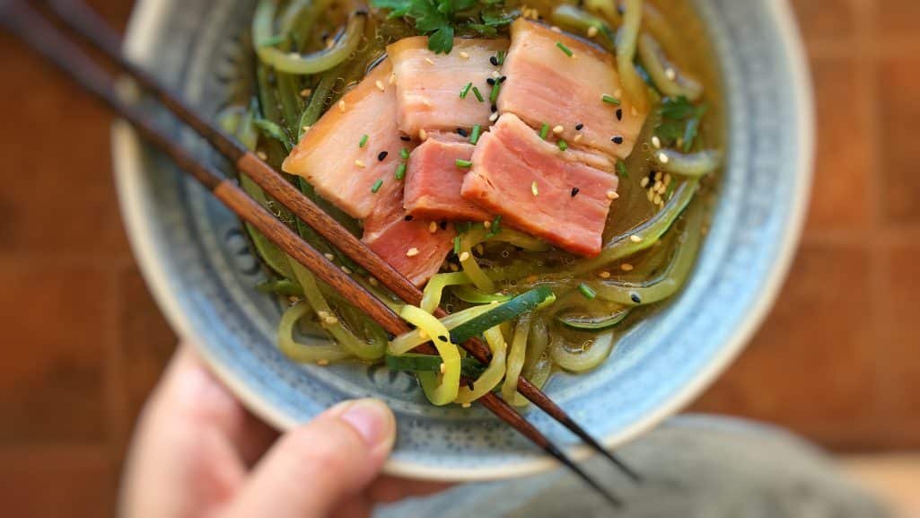 Watch my video of how I'm preparing my zucchini noodle soup with miso and bacon, using my fabulous KitchenAid stand mixer Spiralizer and Cook Processor!