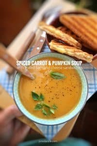 Easy Carrot Pumpkin Soup with Ham & Cheese Sammies Silky smooth carrot pumpkin soup spiced with cloves and cinnamon, served with crunchy toasted ham sandwiches... perfection!