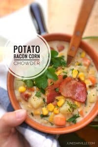 Best Potato Corn Chowder with Bacon Love the creaminess of this potato corn chowder: the salty crunch of the bacon and the sweet flavor of the corn are a perfect match!