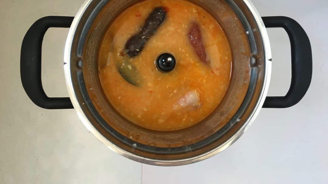 Spanish fabada asturiana, a great bean stew with smoked chorizo sausage, a thick slab of panceta and one blood sausage...
