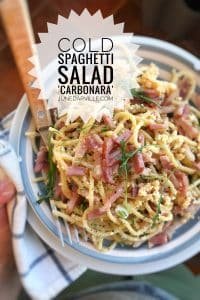 Do you have leftover cooked spaghetti in your fridge? Then make a quick cold spaghetti salad, carbonara style with bacon and boiled eggs!