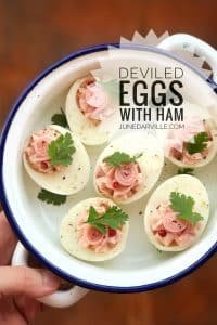 Easy Deviled Eggs with Ham Appetizers Here's a cute little appetizer bite for you to try out: my super simple deviled eggs stuffed with a creamy ham filling...