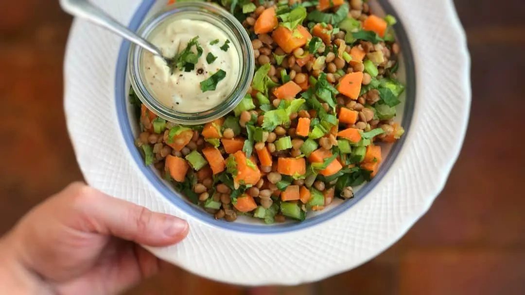 Crunchy vegetables and lentils in a creamy mustard and honey sauce, the perfect French lentil salad and a great side dish!