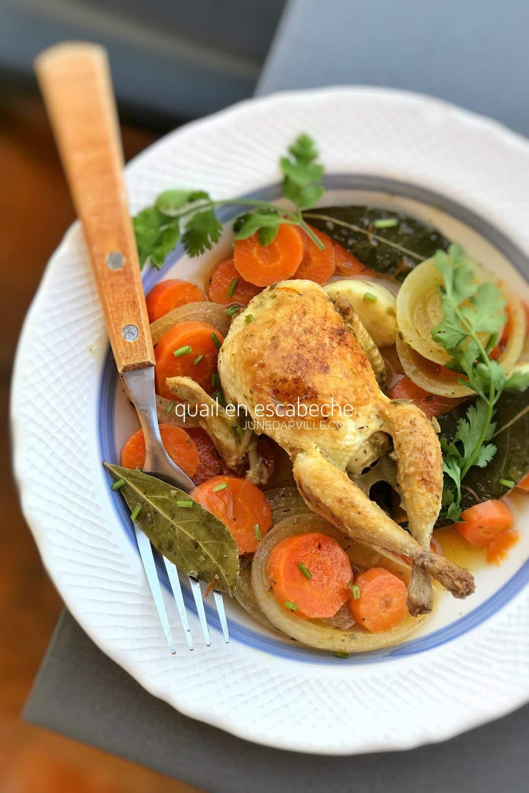 Quail en escabeche, the perfect dish for when you need a gorgeous starter or main dish! And easy to make a day or two in advance...