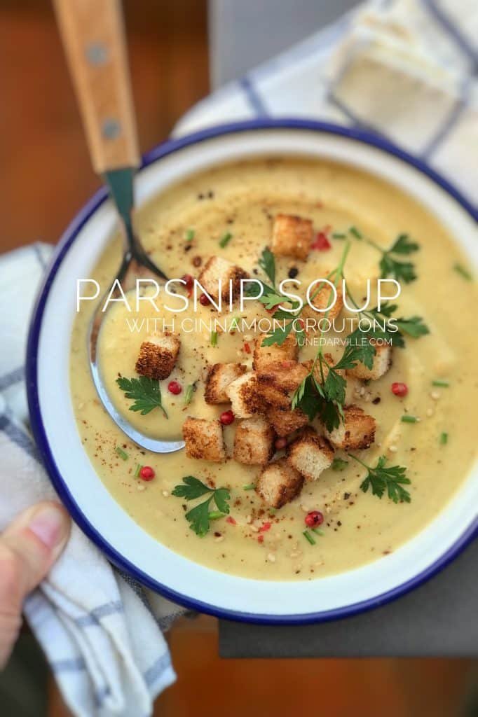 A bowl full of warm winter flavors: you will adore this apple and parsnip soup recipe with crunchy cinnamon croutons on top!