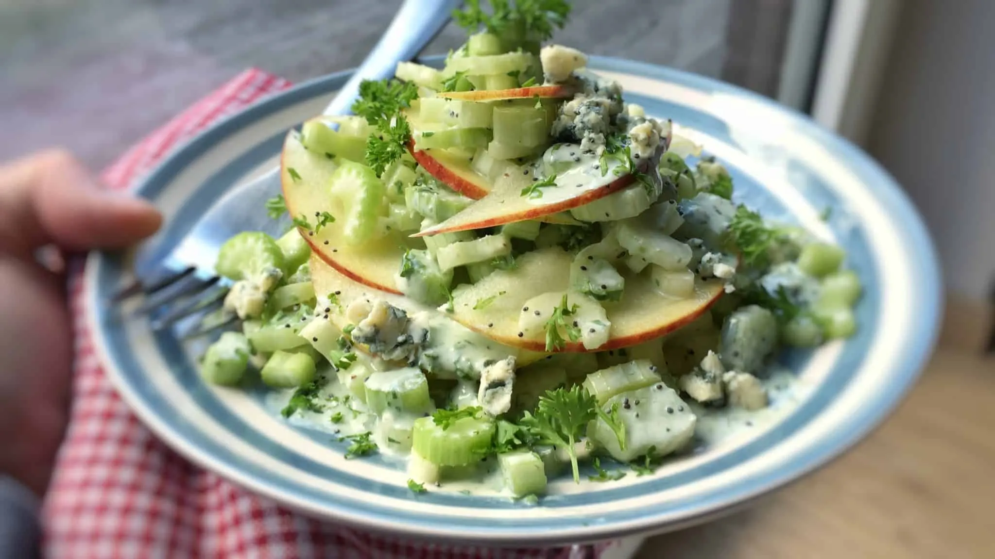 Easy Fresh Apple Celery Salad Recipe What a fancy looking apple and celery salad this one is! Look at that delicious homemade creamy blue cheese dressing drizzled on top, epic... A family favorite!
